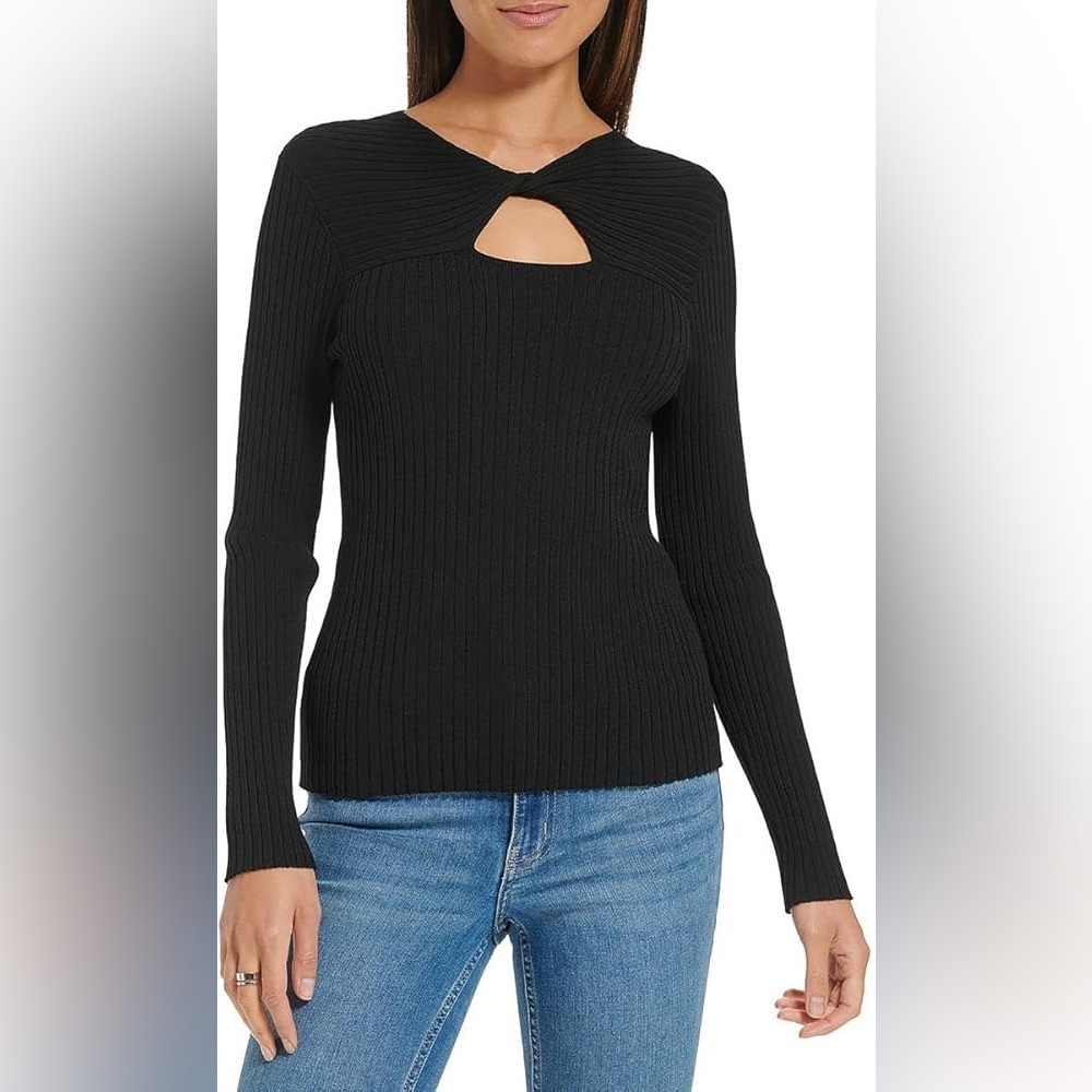 Calvin Klein Women’s Cut-Out Ribbed Black Pullover Sweater